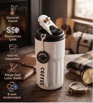 Kişiye Özel İsim Baskılı Hediyelik Paslanmaz Çelik Şık Termos Derece Göstergeli 440mL. Beyaz