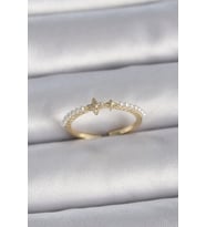 Pirinç Gold Renk Zirkon Taşlı Yıldız Sıralı İncili Ayarlanabilir Model Kadın Yüzük (Altın)
