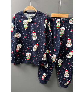 Erkek Çocuk Üzeri Kardan Adam ve Noel Baskılı Lacivert Pijama Takımı