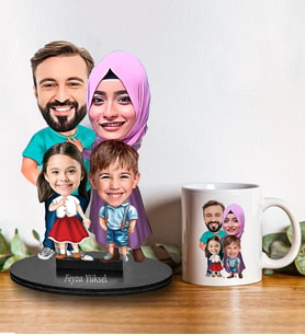 Kişiye Özel Aile Tasarımlı Karikatür Biblo Ve Kupa Hediye Seti 147
