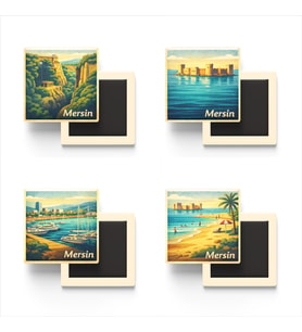 Mersin - Baskılı Buzdolap Magneti Kare - 9x9 cm - 4 Adet