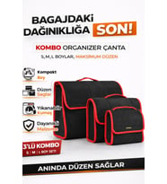 Oto Bagaj Organizer Bagaj Çantası 3'lü Kombo Boy Kaymaz Cırt Bantlı Velur Kompakt Düzenleyici - Siyah Kırmızı