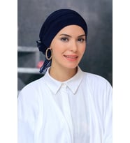 Lacivert Pratik Hazır Geçmeli Tesettür Bone Sandy Kumaş Pileli Nervürlü Güllü 1806_02