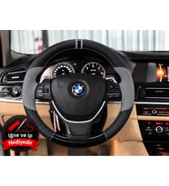BMW X5 E70 Dikme Direksiyon Kılıfı Delikli Deri Parlak Siyah Gri Detay Çift Yüzük ve Dikiş 2006-2013