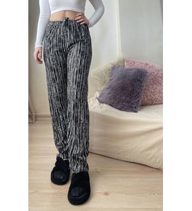 Kadın Kadife Pijama Altı Eşofman Pamuklu (Siyah Beyaz)