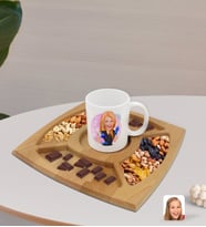 BK Gift Kişiye Özel Kadın Güzellik Uzmanı Karikatürlü Beyaz Kupa ve Doğal Masif Ahşap 4 Bölmeli Sunum Tabağı Çerezlik Hediye Seti-2