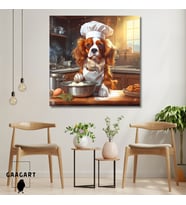 Kare Kanvas Mutfak Tablosu Aşçı Hayvanlar King Charles Köpek