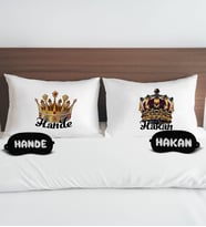 BK Gift Kişiye Özel Kral Kraliçe Tacı Tasarımlı Pamuklu Yastık Kılıfı ve Göz Bandı Çift Uyku Seti, Tasarım Ev Tekstili, Uyku Bandı, Ev Hediyesi