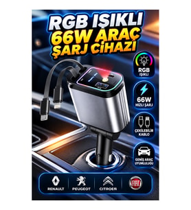 Renault Peugeot Citroen Fiat Uyumlu 66W Hızlı Şarjlı Araç Çakmaklık Adaptörü – PD/QC, Çekilebilir Ka