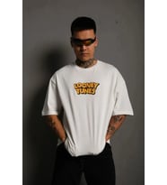 Erkek Bisiklet Yaka Baskılı Oversize Kısa kol T-Shirt - Beyaz
