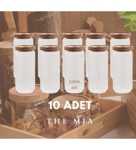 The Mia Ahşap Kapaklı 10 lu Büyük Boy Cam Saklama Kabı 1000 ml CAM0315