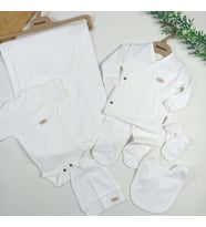 % 100 Organik Pamuklu Kız - Erkek Bebek Natural Beyaz 7 Parça Hastane Çıkışı Zıbın Seti