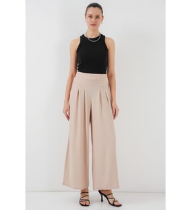 Geniş Paça Pileli Pantolon 6718 - Krem