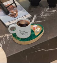 BK Gift Kişiye Özel Mermer Tasarımlı Doğal Ahşap Tabaklı Türk Kahvesi Fincanı Sunum Seti Model 11