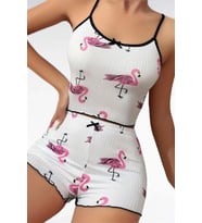 Amora Secret Pamuklu Beyaz Üstüne Pelikan Desen Fitilli Askılı Şortlu Pijama Takımı
