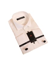 Krem Siyah Taş Düğmeli Damatlık Ata Yaka Kol Düğmeli Slim Fit Smokin Gömlek - 007