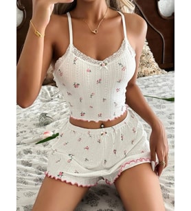 Kadın Çiçek Desenli Dantel Askılı Şortlu Pijama Takımı 5235
