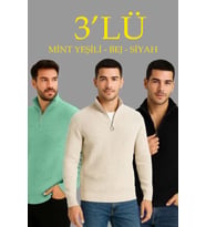 Erkek Fitilli Triko Kazak 3’lü Set – Mint Yeşili, Siyah, Bej Kalın Dokuma Pamuklu Regular Fit V Yaka Fermuarlı Uzun Kollu Rahat Kışlık Kazak Kombini