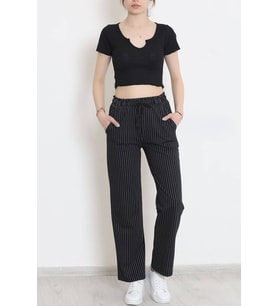 ROSEMODA KADIN ÇİZGİLİ SİYAH   PANTALON BELİ LASTİKLİ