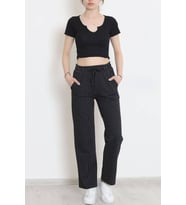 ROSEMODA KADIN ÇİZGİLİ SİYAH   PANTALON BELİ LASTİKLİ