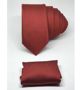 Kırmızı Renk Mendilli Slim Fit Oxford Kuş Gözü Desen Kravat