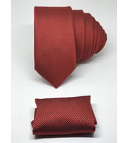 Kırmızı Renk Mendilli Slim Fit Oxford Kuş Gözü Desen Kravat