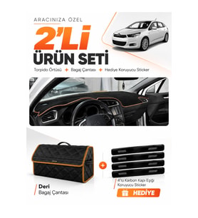 CITROEN C4 (2011-2020) Uyumlu Torpido Örtüsü + Deri Bagaj Çantası + Sticker Seti - Siyah Kahverengi