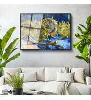 Siyah Renk Metal Çerçeveli Tamperli Cam Tablo Vincent van Gogh Kurumuş Ayçiçekleri Mavi Zemin Ressam Tablosu Dekoru