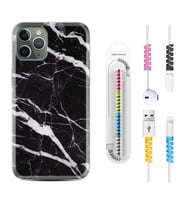 Apple iPhone 11 12 13 14 Pro Max Kılıf Kablo Koruma Spiral Silikon Siyah Şerit Mermer 1318