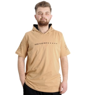 Mode XL Büyük Beden Erkek T-shirt Kapşonlu BORN TO BE WILD 23122 Bej