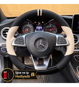 Mercedes CLA Dikme Direksiyon Kılıfı Delikli Deri Parlak Siyah Bej Detay Çift Yüzük ve Dikiş 2016-2019