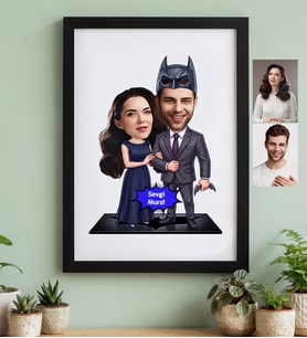 Kişiye Özel Karikatürlü Süper Kahraman Çift Sevgililer Siyah Çerçeve Sevgililer Günü Hediyesi
