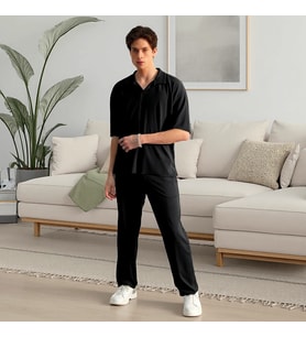 Erkek, Fitilli Kumaş, Regular Fit, Ottoman Kumaş, Organik Pamuklu, Polo Yaka, Tshirt ve Eşofman Alt, Takım (Düz Siyah)