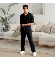 Erkek, Fitilli Kumaş, Regular Fit, Ottoman Kumaş, Organik Pamuklu, Polo Yaka, Tshirt ve Eşofman Alt, Takım (Düz Siyah)