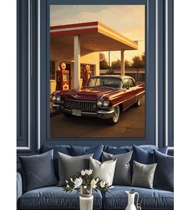 Klasik Araba Benzin İstasyonu Dekoratif Kanvas - Mdf Ahşap Tablo