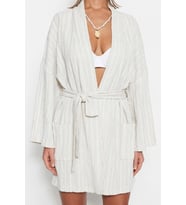 Moda Dokuma Regular Kalıp Mini Şal Yaka Standart Kol Keten karışımlı Basic Düz Desen Kimono Kaftan (Ekru)