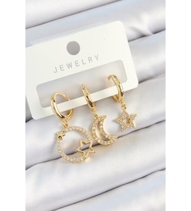 Pirinç Zirkon Taşlı Yıldız Ve Ay Model Gold Renk 3'lü Çift Kadın Küpe Set - TJ-BKP10819