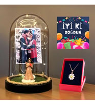 Doğum Günü Hediyesi - Papatya Kolyeli, Led Işıklı, Biblolu ve Fotoğraflı Fanus FA1