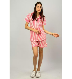Kadın %100 Pamuklu Kısa Kollu Düğmeli Lastikli Bel Şort Pijama Takımı Pembe Beyaz Çizgili