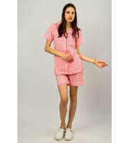 Kadın %100 Pamuklu Kısa Kollu Düğmeli Lastikli Bel Şort Pijama Takımı Pembe Beyaz Çizgili