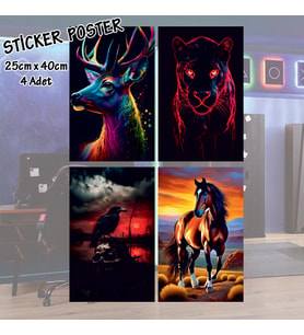 karga kaplan geyik at - 4 adet yapışkanlı poster sticker etiketler - dolap cam oda için