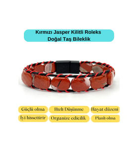 Sertifikalı Kırmızı Jasper Kilit Kapama Roleks Doğal Taş Deri Bileklik