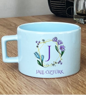 Kişiye Özel Çiçekli J Harfli Hediye Pastel Fincan İsim Soyisim Yazılı (Mavi)