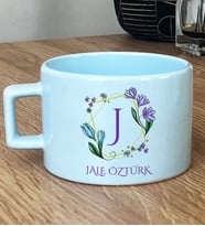 Kişiye Özel Çiçekli J Harfli Hediye Pastel Fincan İsim Soyisim Yazılı (Mavi)