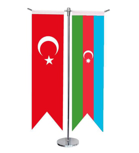 Masa Üstü Kırlangıç Azerbaycan + Türk Bayrağı + Krom T Direk Masa Bayrak Seti