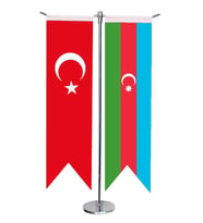 Masa Üstü Kırlangıç Azerbaycan + Türk Bayrağı + Krom T Direk Masa Bayrak Seti