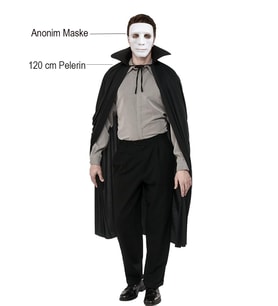 Siyah Renk Yakalı 120 cm Pelerin ve Beyaz Anonim Maske