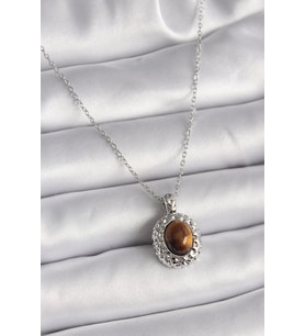 316L Çelik Gümüş Renk Zincir Kehribar Boncuk Model Kadın Kolye 5886