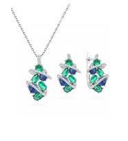 Zümrüt Oval Taşlı Luxury Kadın Gümüş Kolye Küpe Set