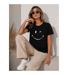 Minimal Gülümseyen Yüz Baskılı Tişört Kısa Kol Yazlık T-Shirt - Siyah